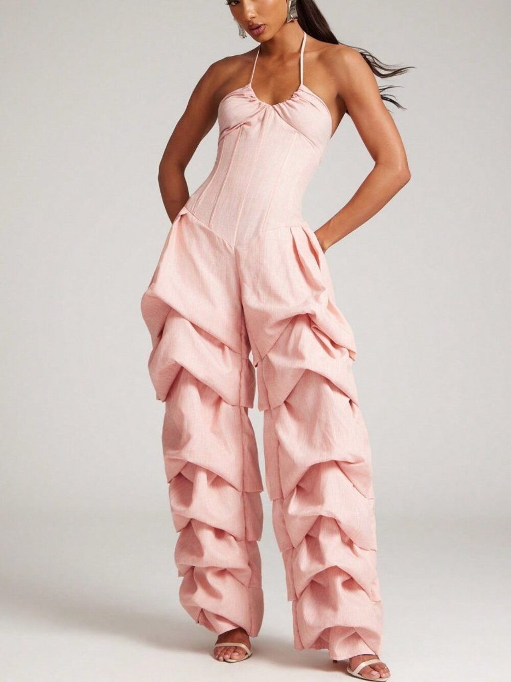 Pink Casual Women's Gathered Leg Corset Detail Halter Neckline Jumpsuit - Picture 4 of 7